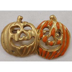 Pin 2 Jack O'Lanterns Gold Tone Metal with Orange Enameling on one.